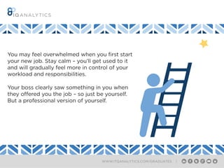 WWW.ITQANALYTICS.COM/GRADUATES |
You may feel overwhelmed when you first start
your new job. Stay calm – you’ll get used to it
and will gradually feel more in control of your
workload and responsibilities.
Your boss clearly saw something in you when
they offered you the job – so just be yourself.
But a professional version of yourself.
 