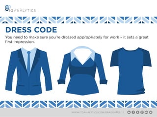 WWW.ITQANALYTICS.COM/GRADUATES |
You need to make sure you’re dressed appropriately for work – it sets a great
first impression.
DRESS CODE
 