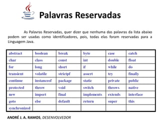 Palavras Reservadas
As Palavras Reservadas, quer dizer que nenhuma das palavras da lista abaixo
podem ser usadas como identificadores, pois, todas elas foram reservadas para a
Linguagem Java.
ANDRÉ J. A. RAMOS, DESENVOLVEDOR
 