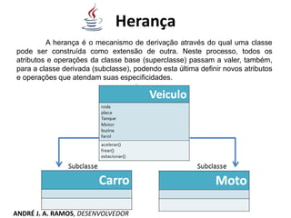 Herança
A herança é o mecanismo de derivação através do qual uma classe
pode ser construída como extensão de outra. Neste processo, todos os
atributos e operações da classe base (superclasse) passam a valer, também,
para a classe derivada (subclasse), podendo esta última definir novos atributos
e operações que atendam suas especificidades.
ANDRÉ J. A. RAMOS, DESENVOLVEDOR
 