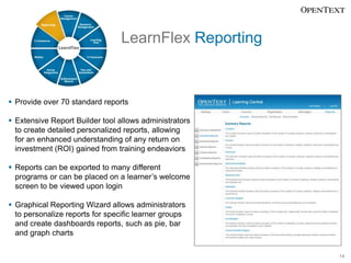 LearnFlex Reporting


 Provide over 70 standard reports

 Extensive Report Builder tool allows administrators
  to creat...