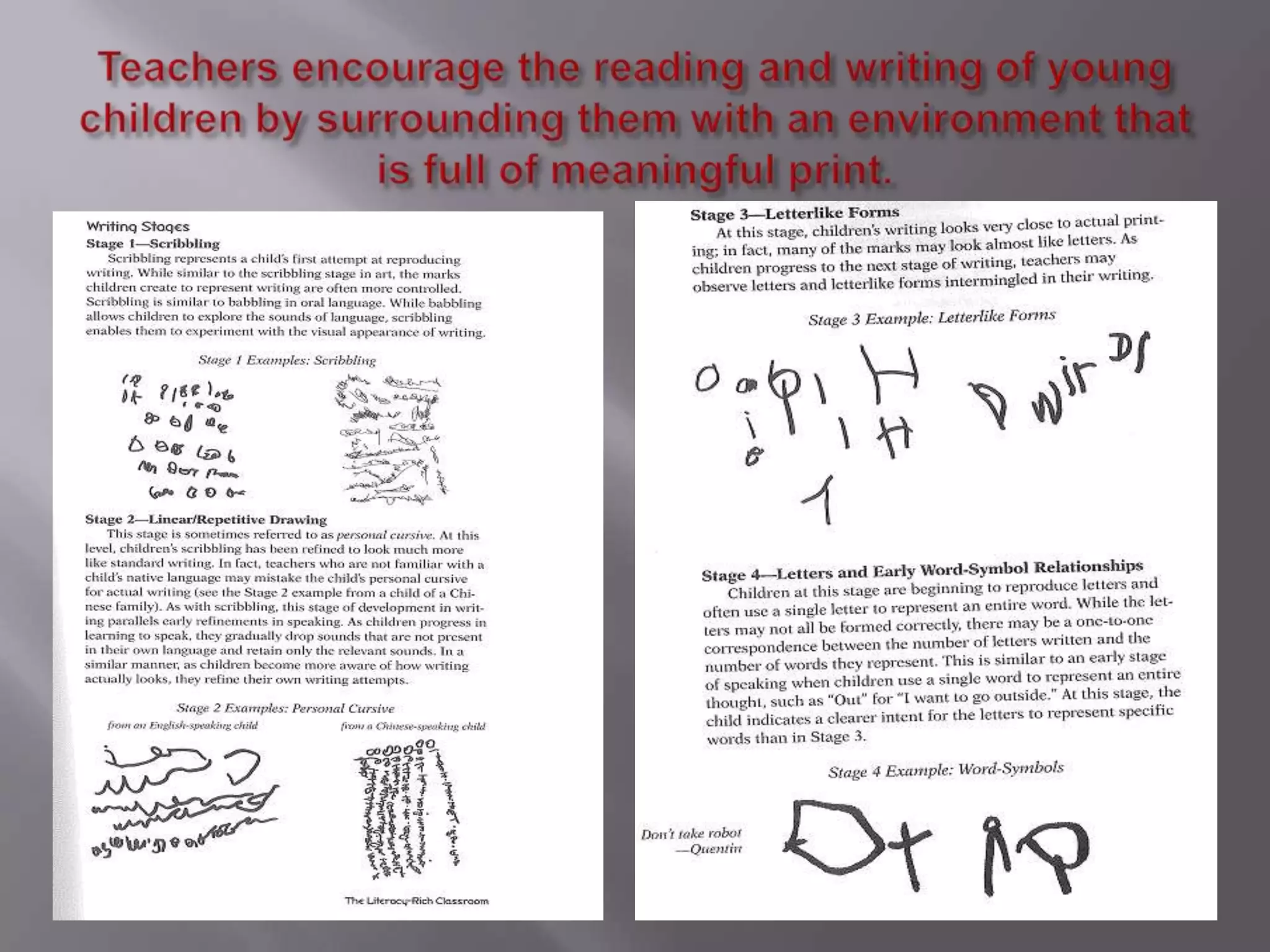 Teachers encourage the reading and writing of young children by surrounding them with an environment that is full of meaningful print.  