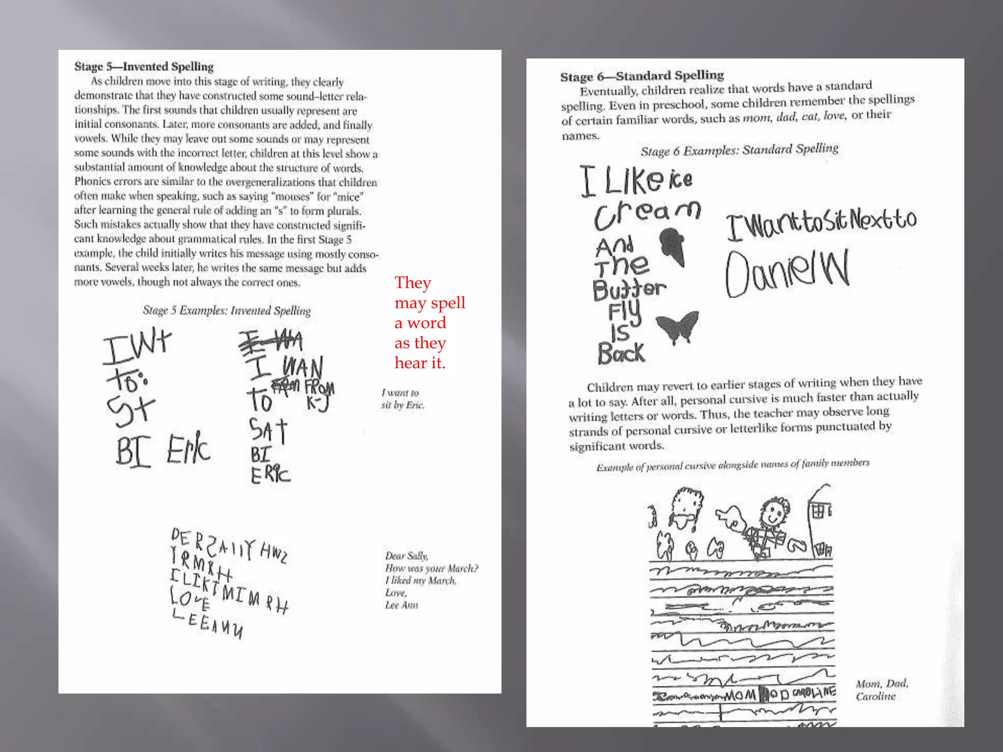 They may spell a word as they hear it. 