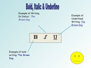 Bold, Italic & Underline Example of bold writing:  The Brown Dog. Example of Writing In Italics :  The Brown Dog Example of Underlined Writing:  The Brown Dog 