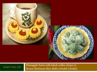 Pineapple Tarts with black coffee (Kopi-o) Sweet Glutinous Rice Balls (Ondeh-Ondeh)pages 254, 257