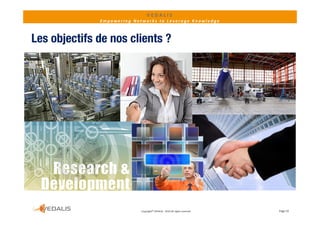 VEDALIS 
              Empowering Networks to Leverage Knowledge



Les objectifs de nos clients ?




                            Copyright© VEDALIS ‐ 2010 All rights reserved   Page 10
 