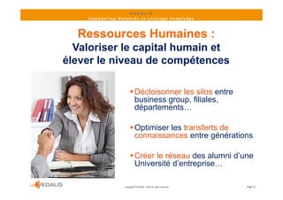 VEDALIS 
    Empowering Networks to Leverage Knowledge



  Ressources Humaines :
  Valoriser le capital humain et
élever le niveau de compétences

                       Décloisonner les silos entre
                        business group filiales
                                 group, filiales,
                        départements…

                       Optimiser les transferts de
                        connaissances entre générations

                       Créer le réseau des alumni d’une
                        Université d’entreprise…

                  Copyright© VEDALIS ‐ 2010 All rights reserved   Page 12
 