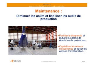 VEDALIS 
         Empowering Networks to Leverage Knowledge



               Maintenance :
Diminuer les coûts et fiabiliser les outils de
               production
                   d ti




                                                                        Faciliter le diagnostic et
                                                                         réduire les délais de
                                                                         résolution de problèmes

                                                                        Capitaliser les retours
                                                                         d’expérience et tracer les
                                                                         d’    éi        tt      l
                                                                         actions d’amélioration…



                       Copyright© VEDALIS ‐ 2010 All rights reserved                           Page 15
 