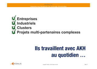 VEDALIS 
           Empowering Networks to Leverage Knowledge




   Entreprises
   Industriels
   Cl t
    Clusters
   Projets multi-partenaires complexes



                Ils travaillent avec AKH
                         au quotidien …
                         Copyright© VEDALIS ‐ 2010 All rights reserved   Page 17
 