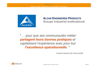 VEDALIS 
       Empowering Networks to Leverage Knowledge




                     ALCAN ENGINEERED PRODUCTS
                     Groupe industriel multinational




" … pour que ses communautés métier
                              té    éti
 partagent leurs bonnes pratiques et
capitalisent l’
    it li   t l’expérience avec pour b t
                   éi                but
    l’excellence opérationnelle. "
                                                            Caroline Hérault, Rio Tinto ALCAN




                     Copyright© VEDALIS ‐ 2010 All rights reserved                              Page 18
 