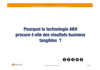 VEDALIS 
        Empowering Networks to Leverage Knowledge




    Pourquoi la technologie AKH
procure-t-elle des résultats business
             tangibles ?



                                                             …
                      Copyright© VEDALIS ‐ 2010 All rights reserved   Page 22
 