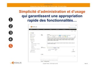 VEDALIS 
          Empowering Networks to Leverage Knowledge



    Simplicité d’administration et d’usage
    Si   li ité d’ d i i t ti    t d’
     qui garantissent une appropriation
       rapide des fonctionnalités…





                        Copyright© VEDALIS ‐ 2010 All rights reserved   Page 28
 