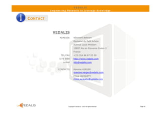 VEDALIS
           Empowering Networks to Leverage Knowledge


C ONTACT


            VEDALIS
                  S
                 ADRESSE        Bâtiment Beltram
                                Domaine du Petit Arbois
                                Avenue Louis Philibert
                                A      L i Philib t
                                13857 Aix en Provence Cedex 3
                                France
                  TEL/FAX       +33 (0)4 86 87 03 00
                 SITE WEB       http://www.vedalis.com
                    e-Mail      info@vedalis.com


                CONTACTS        Maxime VERGER
                                maxime.verger@vedalis.com
                                Chloé JACQUETY
                                chloe.jacquety@vedalis.com




                        Copyright© VEDALIS – 2010 All rights reserved   Page 31
 