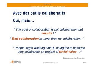 VEDALIS 
              Empowering Networks to Leverage Knowledge




  Avec des outils collaboratifs
  Oui, mais…

  ″ The goal of collaboration is not collaboration but
                       results ! ″
″ Bad collaboration is worst than no collaboration. ″

 ″ People might wasting time & losing focus because
   People
    they collaborate on project of trivial value… ″
                                                                              Source : Morten T.Hansen

                             Copyright© VEDALIS  ‐ 2010 All rights reserved                         Page 7
 