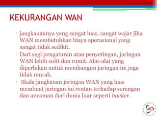KEKURANGAN WAN
▫ jangkauannya yang sangat luas, sangat wajar jika
WAN membutuhkan biaya operasional yang
sangat tidak sedikit.
▫ Dari segi pengaturan atau penyetingan, jaringan
WAN lebih sulit dan rumit. Alat-alat yang
diperlukan untuk membangun jaringan ini juga
tidak murah.
▫ Skala jangkauan jaringan WAN yang luas
membuat jaringan ini rentan terhadap serangan
dan ancaman dari dunia luar seperti hacker.
 