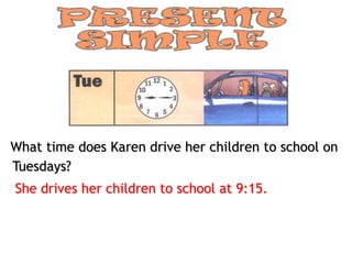 What time does Karen drive her children to school on
Tuesdays?
She drives her children to school at 9:15.
 