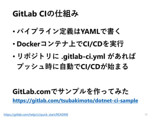 GitLab CIの仕組み
• パイプライン定義はYAMLで書く
• Dockerコンテナ上でCI/CDを実行
• リポジトリに .gitlab-ci.yml があれば
プッシュ時に自動でCI/CDが始まる
GitLab.comでサンプルを作ってみた
https://gitlab.com/tsubakimoto/dotnet-ci-sample
13https://gitlab.com/help/ci/quick_start/README
 