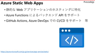 #vscodejp
Azure Static Web Apps
• 静的な Web アプリケーションのホスティングに特化
• Azure Functions によるバックエンド API をサポート
• GitHub Actions, Azure DevOps での CI/CD をサポート 等
https://azure.microsoft.com/ja-jp/services/app-service/static/
 