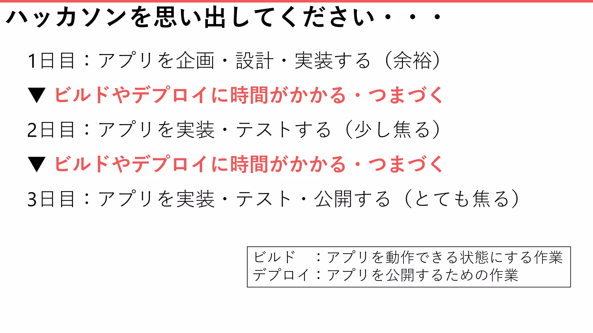 ハッカソンを思い出してください・・・
1日目：アプリを企画・設計・実装する（余裕）
▼ ビルドやデプロイに時間がかかる・つまづく
2日目：アプリを実装・テストする（少し焦る）
▼ ビルドやデプロイに時間がかかる・つまづく
3日目：アプリを実装・テスト・公開する（とても焦る）
ビルド ：アプリを動作できる状態にする作業
デプロイ：アプリを公開するための作業
 