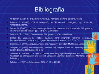 Bibliografia
• Abdelilah-Bauer B., Il bambino bilingue. Raffaello Cortina editore,Milano
 Fabbro F. (1996), Chi è bilingue?, in "Il cervello bilingue", pp. 118-119,
Astrolabio, Roma.
 Denes G. (2005), Le basi neurologiche e l'architettura funzionale del bilinguismo,
in "Parlare con la testa", pp 164-176, Zanichelli.
 Contento S. (2010), Crescere nel bilinguismo, Carocci editore
 Gintoli G., Vernero I. (2012), Bambini sordi migranti, mamme in viaggio,
logopedisti e altri educatori, Logopedia e comunicazione, vol. 8, n. 3.
 Cummins, J. (2000). Language, Power and Pedagogy. Clevedon: Multilingual Matters.
 Grosjean, F. (1989). Neurolinguistics, beware! The bilingual is not two monolinguals in one
person. Brain and language, 36, 3-15
 Genesee F., Paradis J., Crago M. (2004), Dual language development and disorders: an
Handbook on Bilingualism and second Language Learning. Baltimore, Maryland: Brookes
Publishing
 Selinker L., (1972). Interlanguage, IRAL, n° 10, p. 209-231.
 