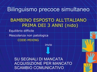 Bilinguismo precoce simultaneo
BAMBINO ESPOSTO ALL’ITALIANO
PRIMA DEI 3 ANNI (nido)
- Equilibrio difficile
- Mescolanza non patologica
CODE-MIXING
invio
SU SEGNALI DI MANCATA
ACQUISIZIONE PER MANCATO
SCAMBIO COMUNICATIVO
 