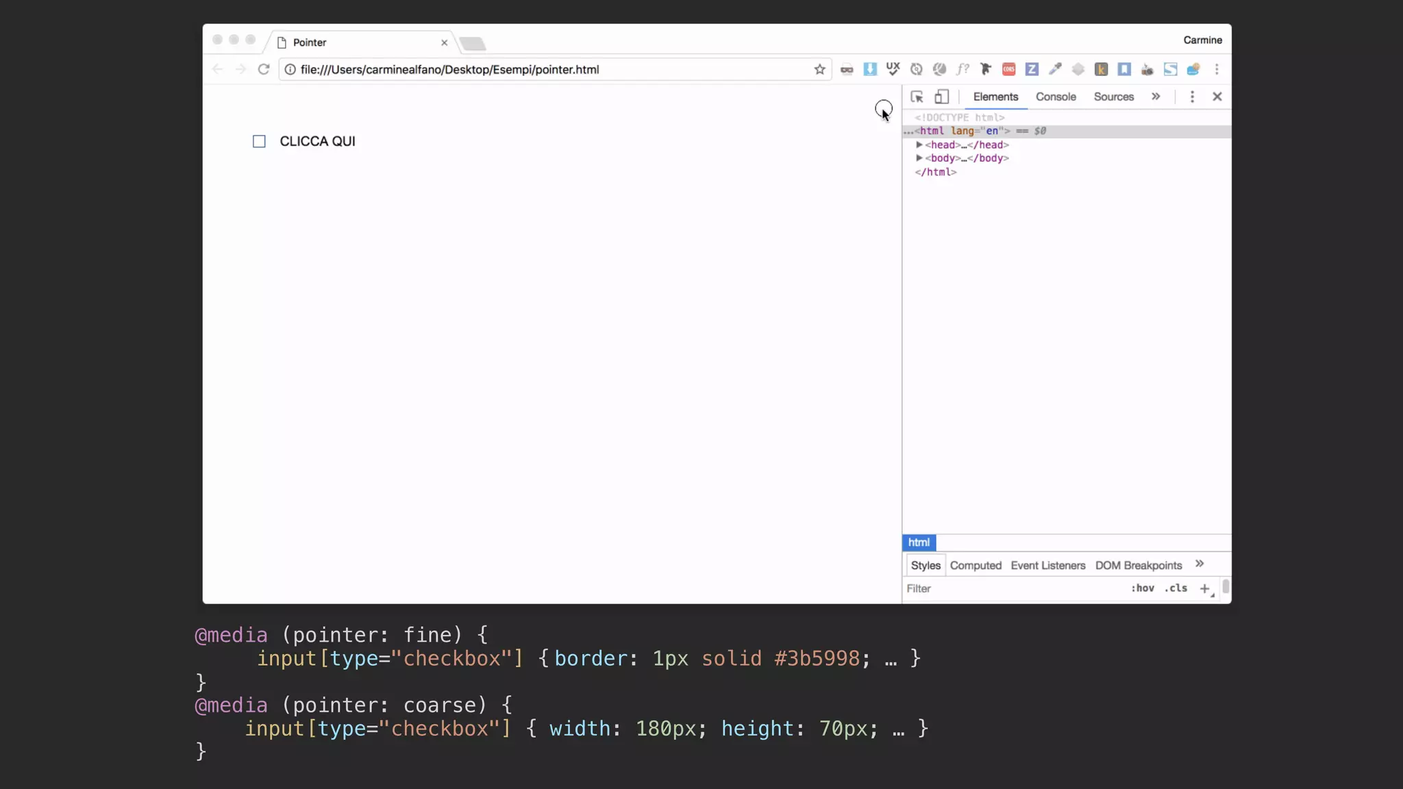 @media (pointer: fine) {
input[type="checkbox"] { border: 1px solid #3b5998; … }
}
@media (pointer: coarse) {
input[type="checkbox"] { width: 180px; height: 70px; … }
}
 