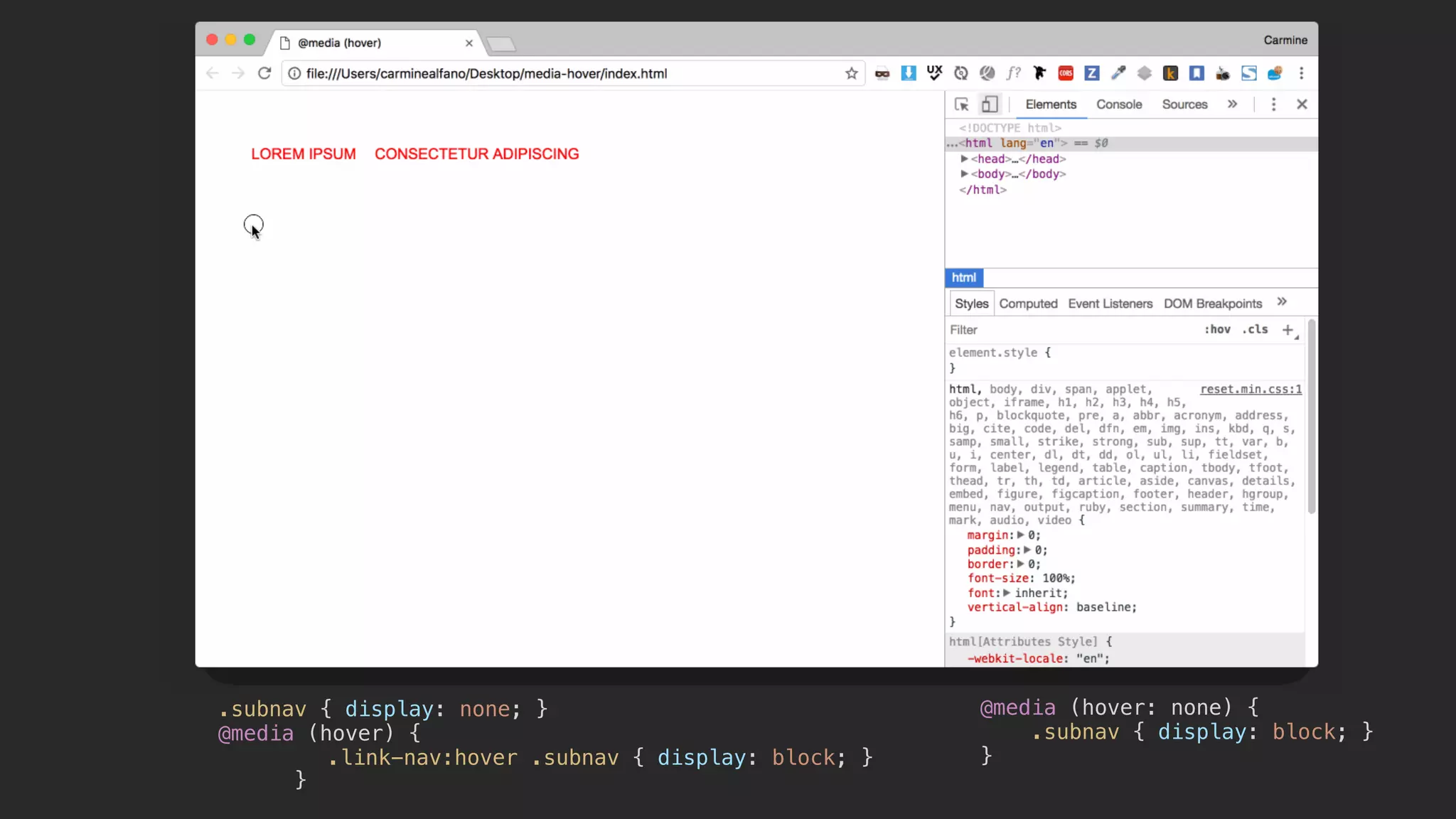 .subnav { display: none; }
@media (hover) {
.link-nav:hover .subnav { display: block; }
}
@media (hover: none) {
.subnav { display: block; }
}
 