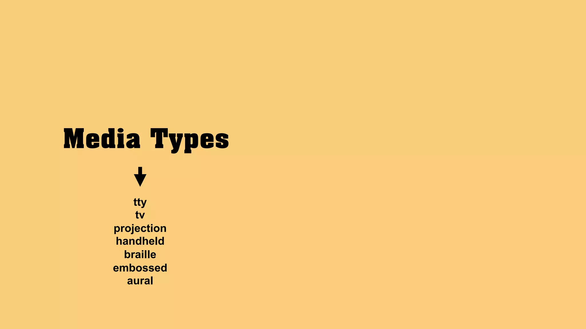 Media Types
tty
tv
projection
handheld
braille
embossed
aural
 