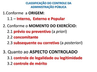 CLASSIFICAÇÃO DO CONTROLE DA
ADMINISTRAÇÃO PÚBLICA
1.Conforme a ORIGEM:
1.1 – Interno, Externo e Popular
2. Conforme o MOMENTO DO EXERCÍCIO:
2.1 prévio ou preventivo (a priori)
2.2 concomitante
2.3 subsequente ou corretivo (a posteriori)
3. Quanto ao ASPECTO CONTROLADO
3.1 controle de legalidade ou legitimidade
3.2 controle de mérito
 