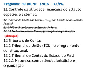 Programa: EDITAL Nº /2016 – TCE/PA.
11 Controle da atividade financeira do Estado:
espécies e sistemas.
12 Tribunal de Contas da União (TCU), dos Estados e do Distrito
Federal.
12.1 Tribunal de Contas do Estado do Pará.
12.1.1 Natureza, competência, jurisdição e organização.
(alteração)
12 Tribunais de Contas
12.1 Tribunal da União (TCU) e o regramento
constitucional.
12.2 Tribunal de Contas do Estado do Pará
12.2.1 Natureza, competência, jurisdição e
organização
 