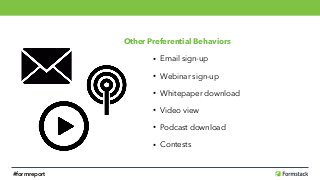 Other Preferential Behaviors
• Email sign-up
• Webinar sign-up
• Whitepaper download
• Video view
• Podcast download
• Contests
#formreport
 