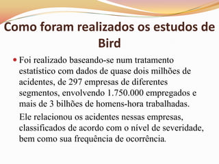 Como foram realizados os estudos de
Bird
 Foi realizado baseando-se num tratamento

estatístico com dados de quase dois milhões de
acidentes, de 297 empresas de diferentes
segmentos, envolvendo 1.750.000 empregados e
mais de 3 bilhões de homens-hora trabalhadas.
Ele relacionou os acidentes nessas empresas,
classificados de acordo com o nível de severidade,
bem como sua frequência de ocorrência.

 