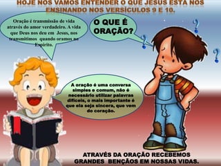 Oração é transmissão de vida       O QUE É
através do amor verdadeiro. A vida
  que Deus nos deu em Jesus, nos      ORAÇÃO?
 transmitimos quando oramos no
             Espírito.




                             A oração é uma conversa
                              simples e comum, não é
                            necessário utilizar palavras
                           difíceis, o mais importante é
                           que ela seja sincera, que vem
                                     do coração.




                                ATRAVÉS DA ORAÇÃO RECEBEMOS
                              GRANDES BENÇÃOS EM NOSSAS VIDAS.
 