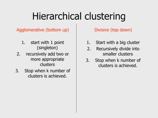 Hierarchical clustering
Agglomerative (bottom up)
1. start with 1 point
(singleton)
2. recursively add two or
more appropriate
clusters
3. Stop when k number of
clusters is achieved.
Divisive (top down)
1. Start with a big cluster
2. Recursively divide into
smaller clusters
3. Stop when k number of
clusters is achieved.
 