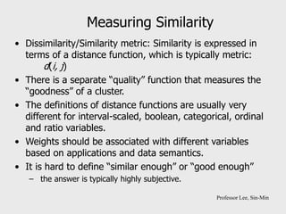 Measuring Similarity
• Dissimilarity/Similarity metric: Similarity is expressed in
terms of a distance function, which is typically metric:
d(i, j)
• There is a separate “quality” function that measures the
“goodness” of a cluster.
• The definitions of distance functions are usually very
different for interval-scaled, boolean, categorical, ordinal
and ratio variables.
• Weights should be associated with different variables
based on applications and data semantics.
• It is hard to define “similar enough” or “good enough”
– the answer is typically highly subjective.
Professor Lee, Sin-Min
 