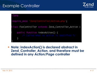 Example Controller Note: indexAction() is declared abstract in Zend_Controller_Action, and therefore must be defined in any Action/Page controller 