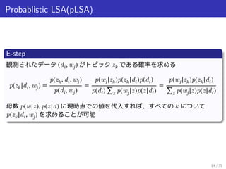 Probablistic LSA(pLSA)
E-step
観測されたデータ (di, wj) がトピック zk である確率を求める
p(zk|di, wj) =
p(zk, di, wj)
p(di, wj)
=
p(wj|zk)p(zk|di)p(di)
p(di) ∑z p(wj|z)p(z|di)
=
p(wj|zk)p(zk|di)
∑z p(wj|z)p(z|di)
母数 p(w|z), p(z|d) に現時点での値を代入すれば、すべての k について
p(zk|di, wj) を求めることが可能
14 / 35
 