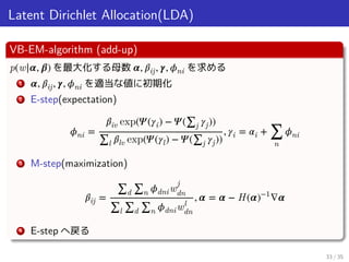 Latent Dirichlet Allocation(LDA)
VB-EM-algorithm (add-up)
p(w|𝜶, 𝜷) を最大化する母数 𝜶, 𝛽ij, 𝜸, 𝜙ni を求める
1 𝜶, 𝛽ij, 𝜸, 𝜙ni を適当な値に初期...