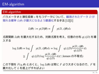 EM-algorithm
EM-algorithm
パラメータ 𝜽 と潜在変数 z をもつデータについて、観測されたデータ D が
現れる確率 L(𝜽) が最大になるよう最適化する手法 [12][1]
L(𝜽) ∶= p(D|𝜽) =
∫
p(...