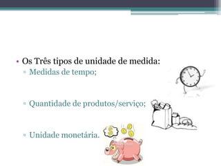 • Os Três tipos de unidade de medida:
▫ Medidas de tempo;
▫ Quantidade de produtos/serviço;
▫ Unidade monetária.
 