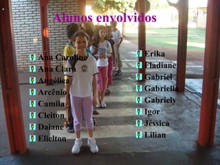 Alunos envolvidos Ana Caroline Ana Clara Angélica Arcênio Camila Cleiton Daiane Elielton Erika Fladiane Gabriel Gabriella Gabriely Igor Jéssica Lilian 
