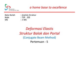 a home base to excellence
Deformasi Elastis
Struktur Balok dan Portal
(Conjugate Beam Method)
Pertemuan - 5
Mata Kuliah : Analisis Struktur
Kode : TSP – 202
SKS : 3 SKS
 