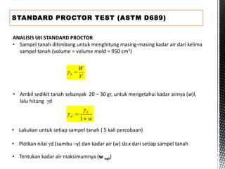 STANDARD PROCTOR TEST (ASTM D689)
ANALISIS UJI STANDARD PROCTOR
• Sampel tanah ditimbang untuk menghitung masing-masing kadar air dari kelima
sampel tanah (volume = volume mold = 950 cm3)
V
W
b 

• Ambil sedikit tanah sebanyak 20 – 30 gr, untuk mengetahui kadar airnya (w)l,
lalu hitung d
w
b
d


1


• Lakukan untuk setiap sampel tanah ( 5 kali percobaan)
• Plotkan nilai d (sumbu –y) dan kadar air (w) sb.x dari setiap sampel tanah
• Tentukan kadar air maksimumnya (w opt)
 