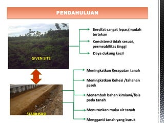 PENDAHULUAN
GIVEN SITE
Bersifat sangat lepas/mudah
tertekan
Konsistensi tidak sesuai,
permeabilitas tinggi
Daya dukung kecil
STABILISASI
Meningkatkan Kerapatan tanah
Meningkatkan Kohesi /tahanan
gesek
Menambah bahan kimiawi/fisis
pada tanah
Menurunkan muka air tanah
Mengganti tanah yang buruk
 