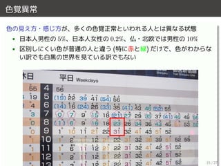 色覚異常
色の見え方・感じ方が、多くの色覚正常といわれる人とは異なる状態
• 日本人男性の 5%、日本人女性の 0.2%、仏・北欧では男性の 10%
• 区別しにくい色が普通の人と違う (特に赤と緑) だけで、色がわからな
い訳でも白黒の世界を見ている訳でもない
15 / 27
 