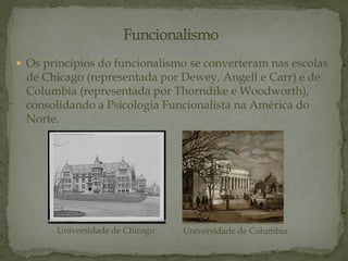  Os princípios do funcionalismo se converteram nas escolas
de Chicago (representada por Dewey, Angell e Carr) e de
Columbia (representada por Thorndike e Woodworth),
consolidando a Psicologia Funcionalista na América do
Norte.
Universidade de Chicago Universidade de Columbia
 