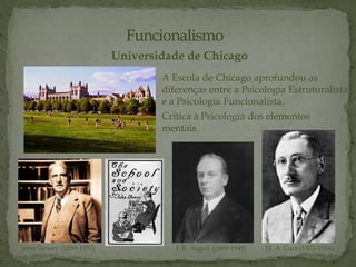 Universidade de Chicago
John Dewey (1859-1952) J. R. Angell (1869-1949) H. A. Carr (1873-1954)
A Escola de Chicago aprofundou as
diferenças entre a Psicologia Estruturalista
e a Psicologia Funcionalista.
Crítica à Psicologia dos elementos
mentais.
 