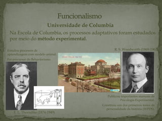 Universidade de Columbia
Na Escola de Columbia, os processos adaptativos foram estudados
por meio do método experimental.
E. L. Thorndike (1874-1949)
R. S. Woodworth (1869-1962)
Estudou processos de
aprendizagem com modelo animal.
Foi precursor do Behaviorismo.
Publicou importantes manuais de
Psicologia Experimental.
Construiu um dos primeiros testes de
personalidade da história (WPDS).
 