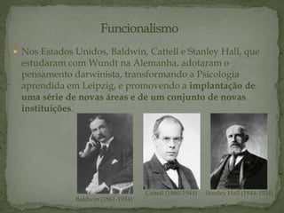  Nos Estados Unidos, Baldwin, Cattell e Stanley Hall, que
estudaram com Wundt na Alemanha, adotaram o
pensamento darwinista, transformando a Psicologia
aprendida em Leipzig, e promovendo a implantação de
uma série de novas áreas e de um conjunto de novas
instituições.
Stanley Hall (1844-1924)
Cattell (1860-1944)
Baldwin (1861-1934)
 