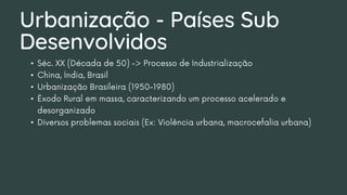 Urbanização - Países Sub
Desenvolvidos
•
•
•
•
•
 